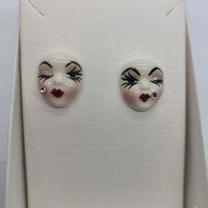 Vintage Fancy Faces Hand Painted Porcelian Mardi Gras Mask Winking Stud Earrings